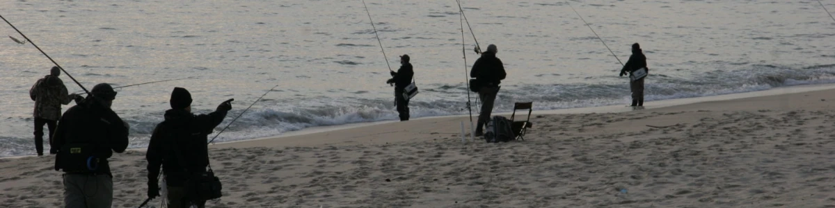 Close-up of several anglers fishing on the beach