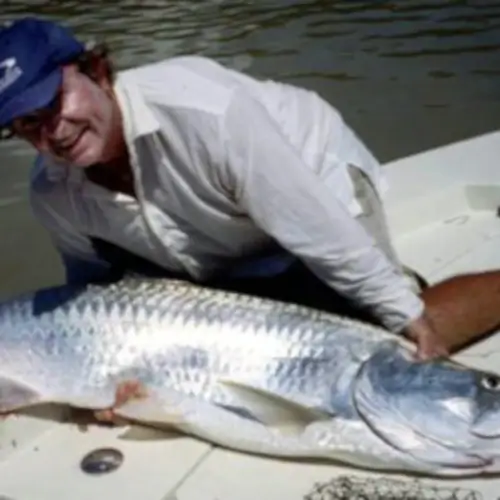 A man leaning over a tarpon on a boat